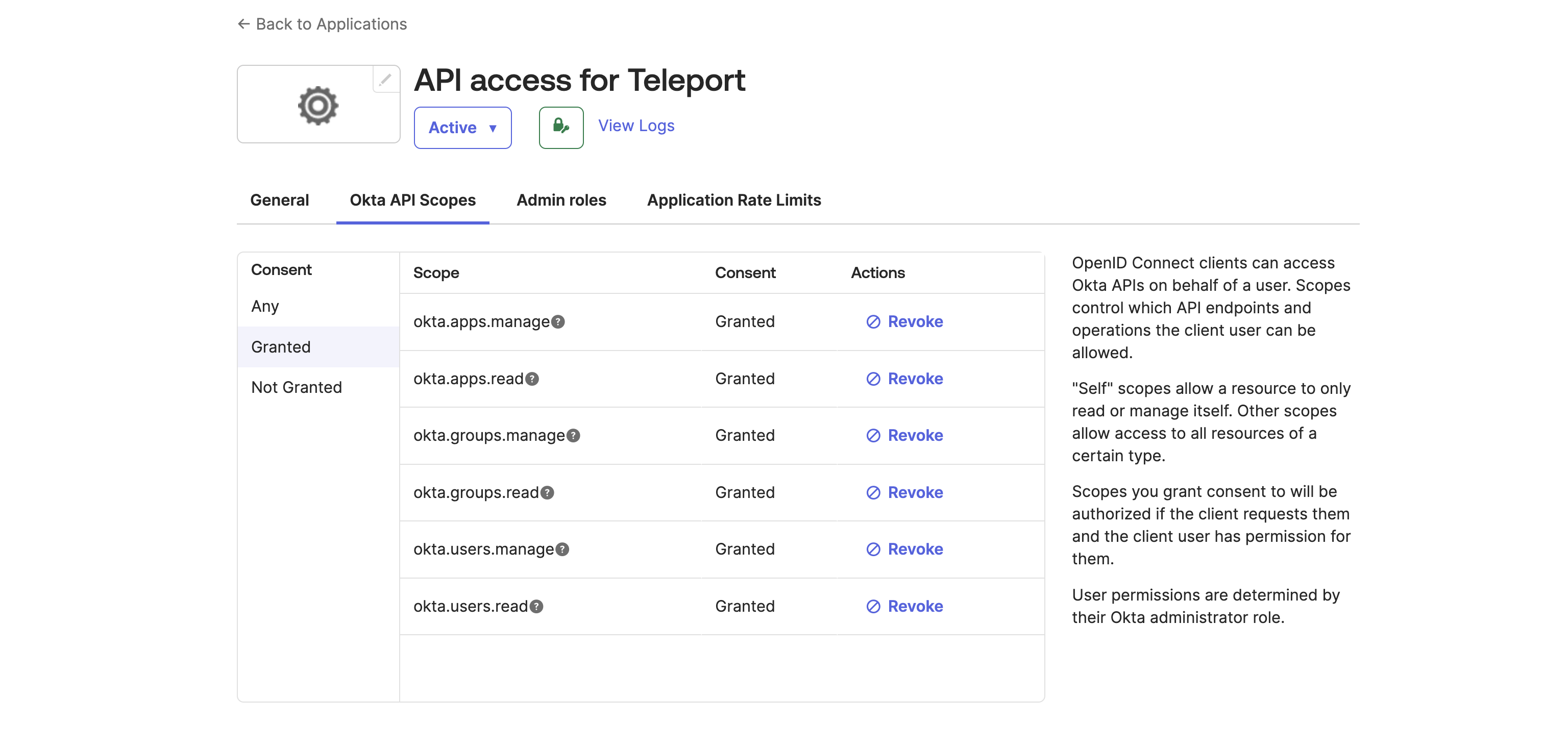 Okta API scopes setup